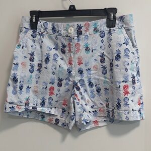 crown & ivy White Pineapple Print Cotton Shorts with Blue, Red & Teal Pineapples